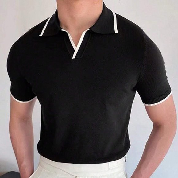 Black Preppy Mens Contrast Trim Knit Top classic chic - Picture 3 of 4